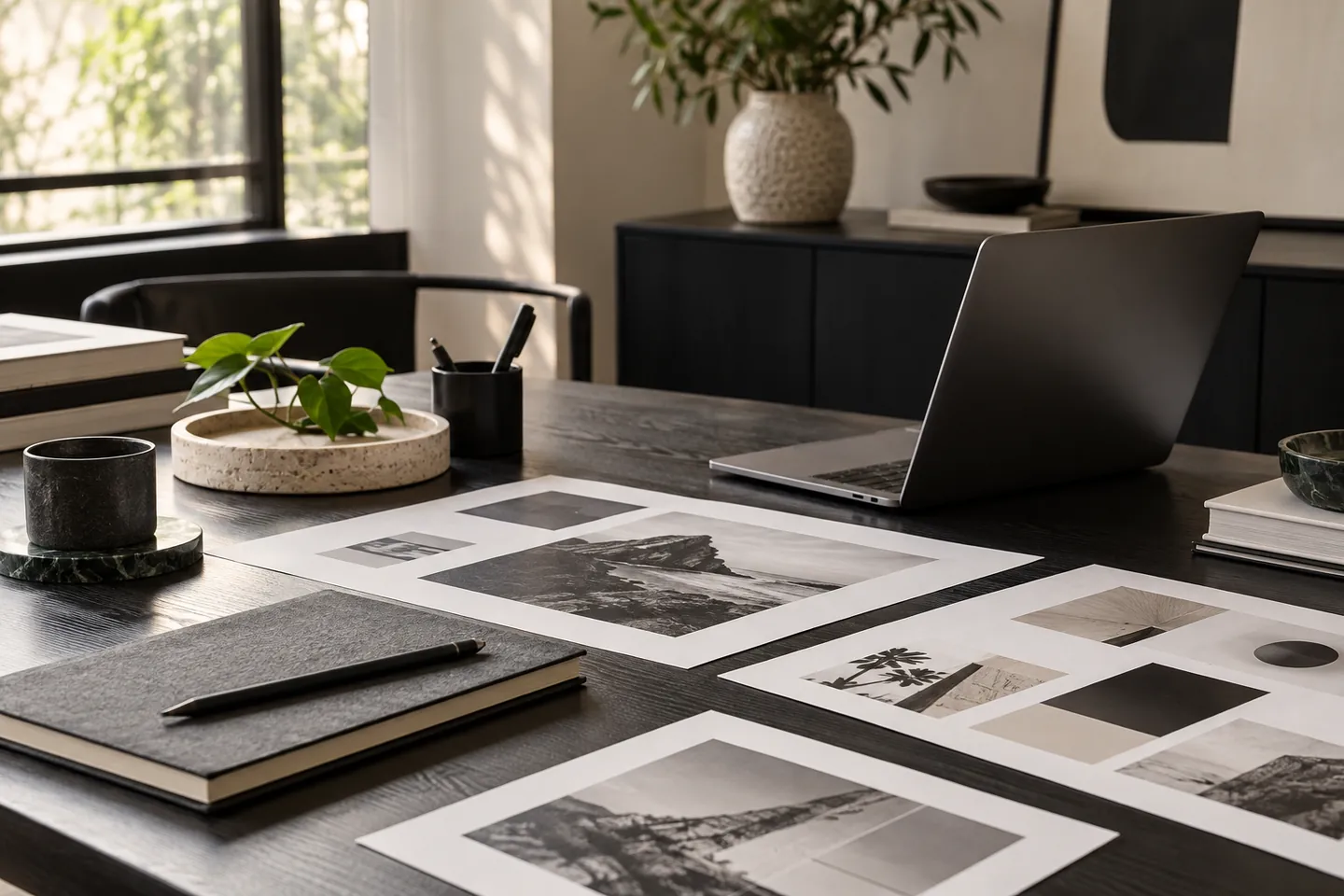 An understated design workspace with print samples and laptop.
